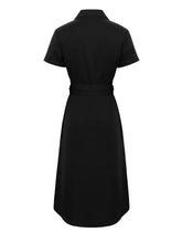 Black Midi Shirt Dress with Tie Waist and Button Down Front Casual Dresses