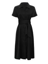 Black Midi Shirt Dress with Tie Waist and Button Down Front Casual Dresses