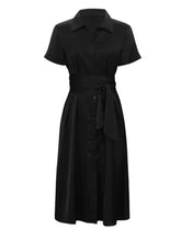 Black Midi Shirt Dress with Tie Waist and Button Down Front Casual Dresses