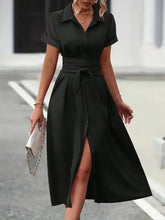 Black Midi Shirt Dress with Tie Waist and Button Down Front Casual Dresses