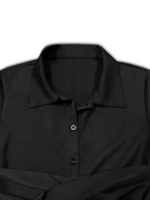 Black Midi Shirt Dress with Tie Waist and Button Down Front Casual Dresses