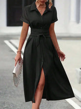 Black Midi Shirt Dress with Tie Waist and Button Down Front