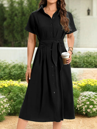 Black Midi Shirt Dress with Tie Waist and Button Down Front Black
