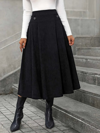 Black Midi Skirt with Decorative Buttons Black
