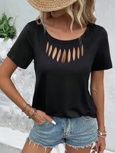 Black neckline short sleeve t-shirt with cutout chest details and feather print