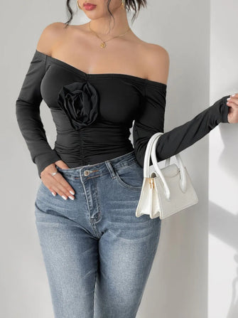 Black Off Shoulder Bodysuit with Rose Detail Black