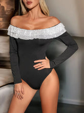 Black Off-Shoulder Bodysuit with Silver Ruffled Trim