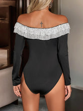 Black Off-Shoulder Bodysuit with Silver Ruffled Trim