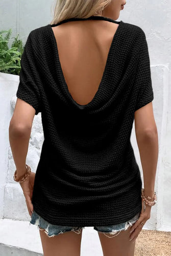 Black Off Shoulder Knit Top with Necklace and Open Back Black