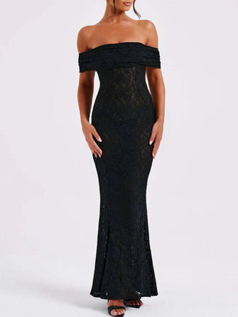 Black Off-the-Shoulder Lace Evening Dress Black