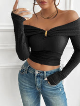 Black Off the Shoulder Long Sleeve Ruched Crop Top
