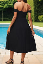 Black Off-the-Shoulder Pleated Midi Dress