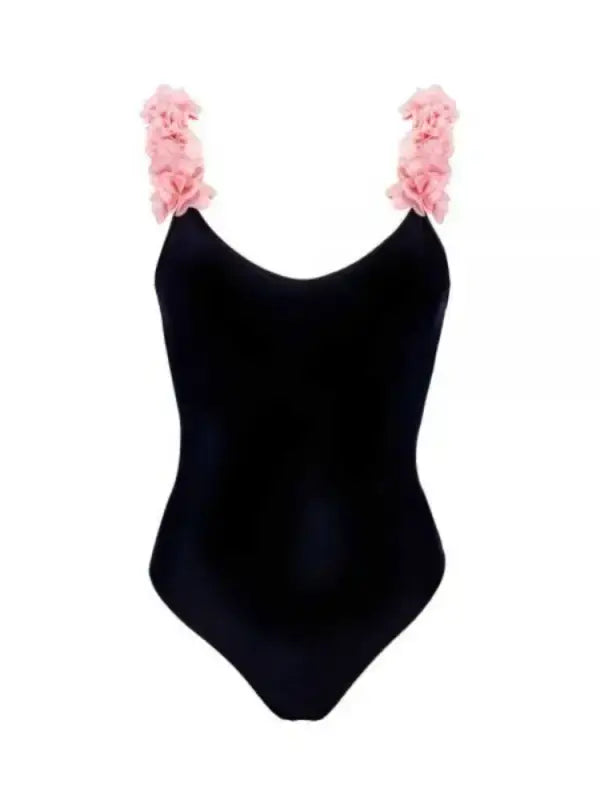 Black one-piece swimsuit with pink floral straps for stylish comfort at Hipomarket