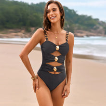 Black One Piece Swimsuit with Gold Buttons and Ruched Chest Black