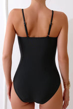 Black One-Piece Swimsuit with Gold V Detail and Cutout Chest