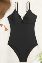 Black One-Piece Swimsuit with Gold V Detail and Cutout Chest
