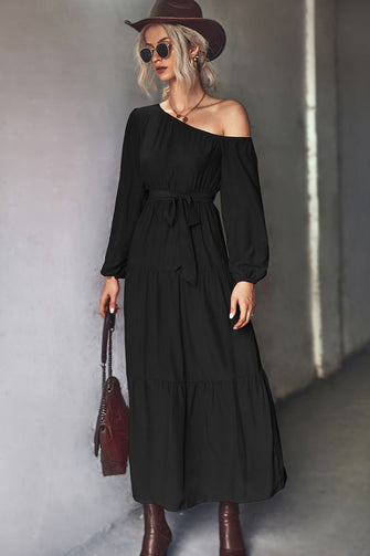 Black One Shoulder Maxi Dress with Balloon Sleeves Black