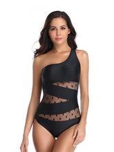 Black One-Shoulder Polka Dot Mesh Swimsuit