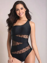 Black One-Shoulder Polka Dot Mesh Swimsuit Swimwear