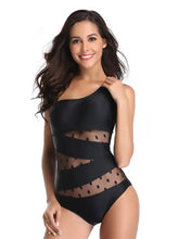 Black One-Shoulder Polka Dot Mesh Swimsuit Swimwear