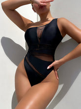 Black One Shoulder Swimsuit with Mesh Panels Black