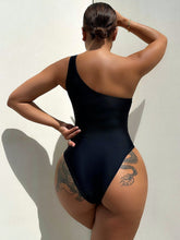 Black One Shoulder Swimsuit with Mesh Panels