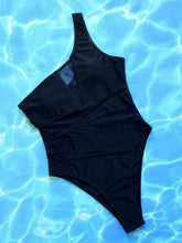 Black One Shoulder Swimsuit with Mesh Panels