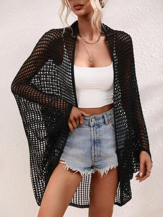 Black Open-Knit Long Sleeve Cardigan Swimwear Cover-Up Black