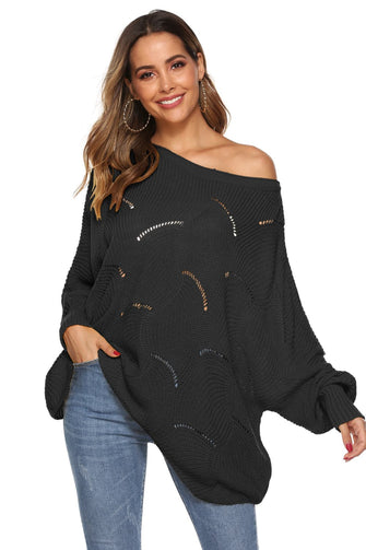Black Open-Knit Long Sleeve Off-Shoulder Sweater for Women Black