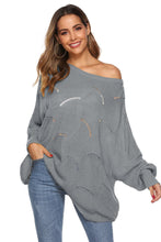 Black Open-Knit Long Sleeve Off-Shoulder Sweater for Women Light Gray
