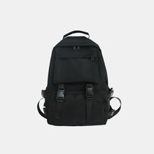Black oxford cloth backpack with adjustable straps and multiple zippered compartments
