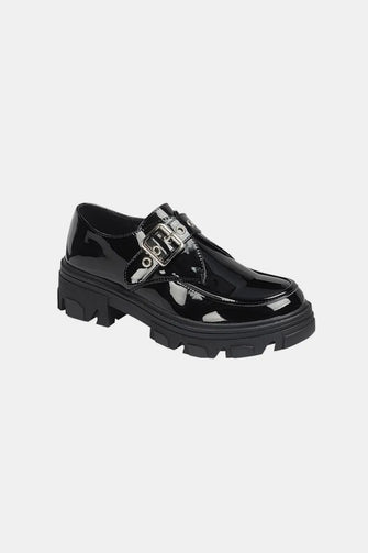 Black Patent Leather Buckled Platform Lug Sole Loafers for Women Black