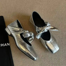Black Patent Leather Mary Jane Flats with Knotted Bow Straps Silver Woman Loafers