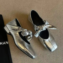 Black Patent Leather Mary Jane Flats with Knotted Bow Straps Woman Loafers