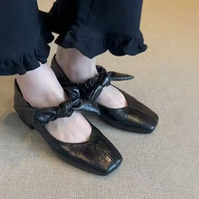 Black Patent Leather Mary Jane Flats with Knotted Bow Straps Woman Loafers