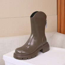 Black Patent Leather Platform Mid-Calf Boots with Olive Lug Sole Brown