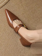 Brown leather point toe pump with ankle strap and low block heel