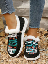 Black Patterned Slip-On Loafers with Faux Fur Trim for Women Black Woman Loafers