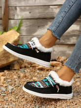 Black Patterned Slip-On Loafers with Faux Fur Trim for Women Woman Loafers