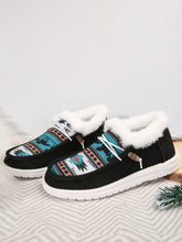 Black Patterned Slip-On Loafers with Faux Fur Trim for Women Woman Loafers