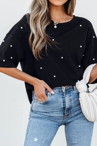 Black Pearl Embellished Cotton T Shirt for Women Black
