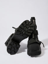 Black Platform Buckle Ankle Boots for Women