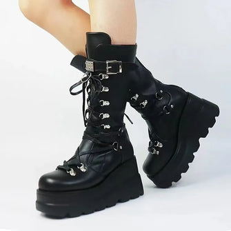 Black Platform Goth Combat Boots for Women Black