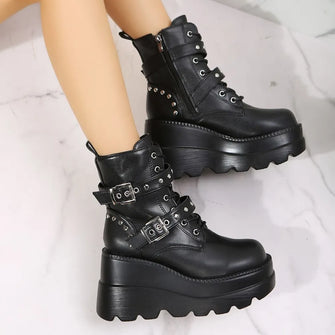 Black Platform Wedge Boots with Buckles for Women Black