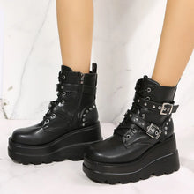 Black Platform Wedge Boots with Buckles for Women
