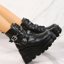 Black Platform Wedge Boots with Buckles for Women