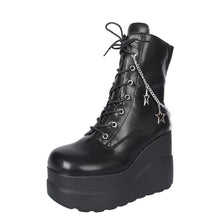 Black Platform Wedge Boots with Star Chain Detail for Women Black