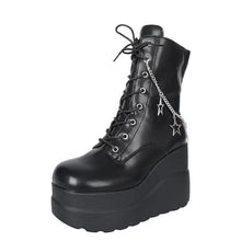 Black Platform Wedge Boots with Star Chain Detail for Women Woman Boots