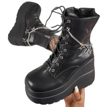 Black Platform Wedge Boots with Star Chain Detail for Women Woman Boots