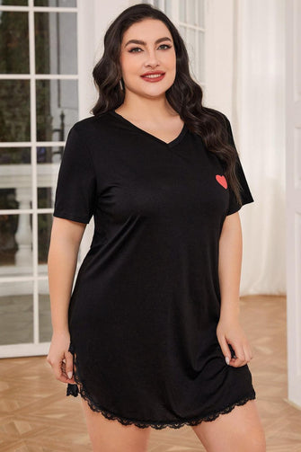 Black Plus Size Nightgown with Red Heart and Short Sleeve Length Black